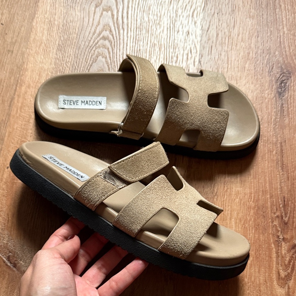 Steve Madden Tan Suede Slide Sandals - Picture 2 of 4